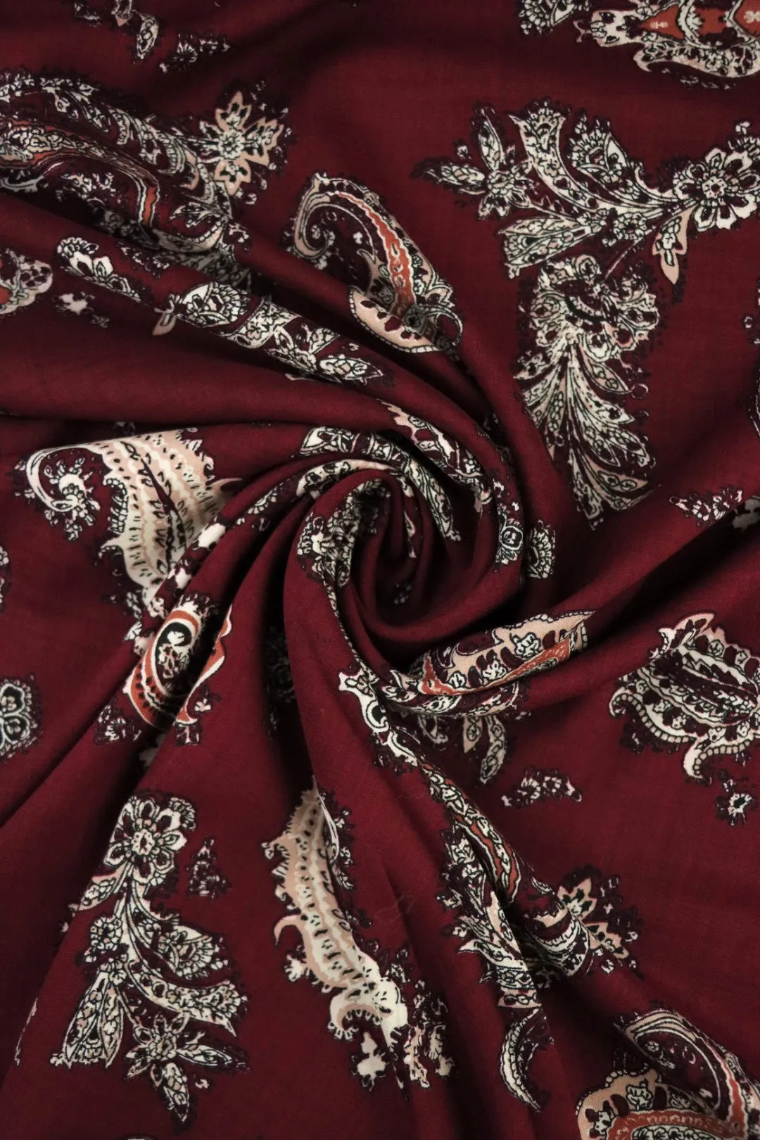 Paisley Elements on Burgundy Rayon Challis