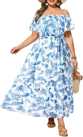 Plus Size Chiffon Off The Shoulder Maxi Long Floral Summer Casual Beach Boho Sundress Women 2024