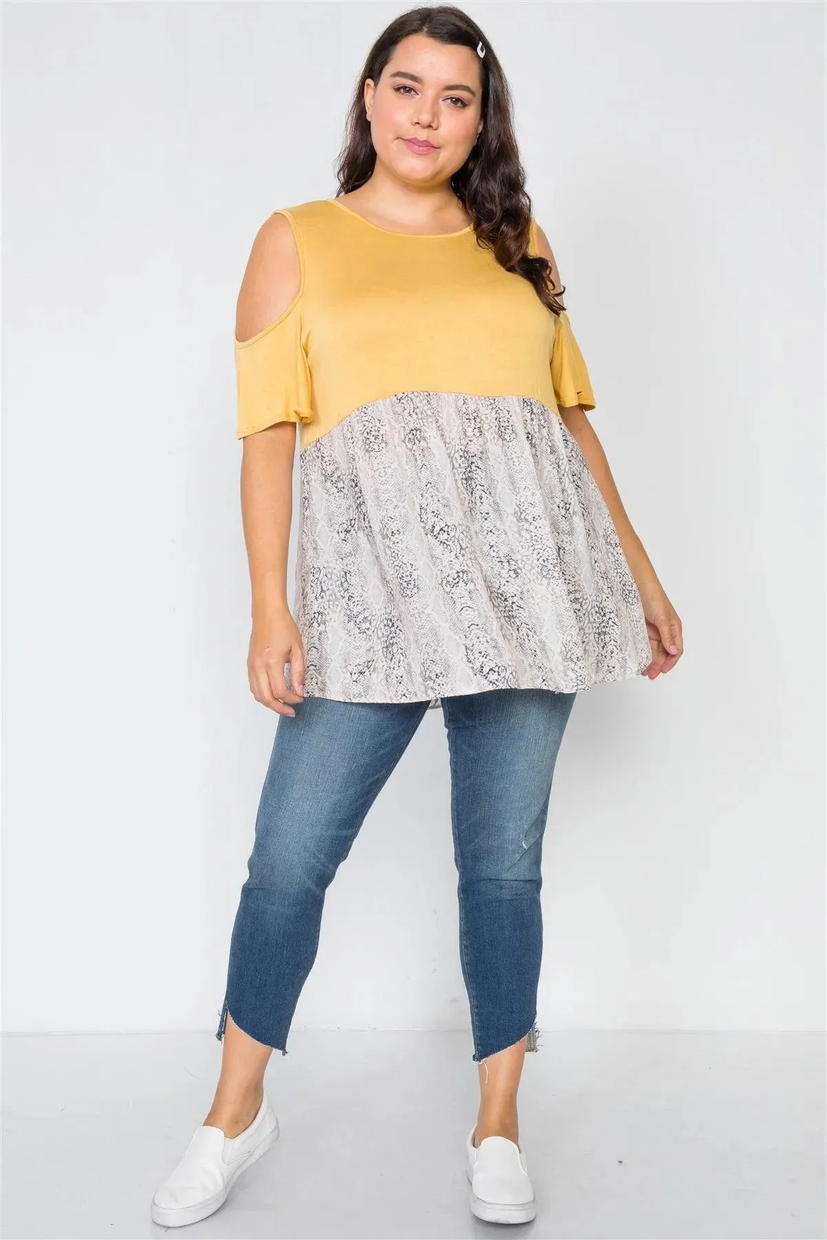 Plus Size Mustard Combo Cold Shoulder Top /2-2-2