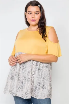 Plus Size Mustard Combo Cold Shoulder Top /2-2-2