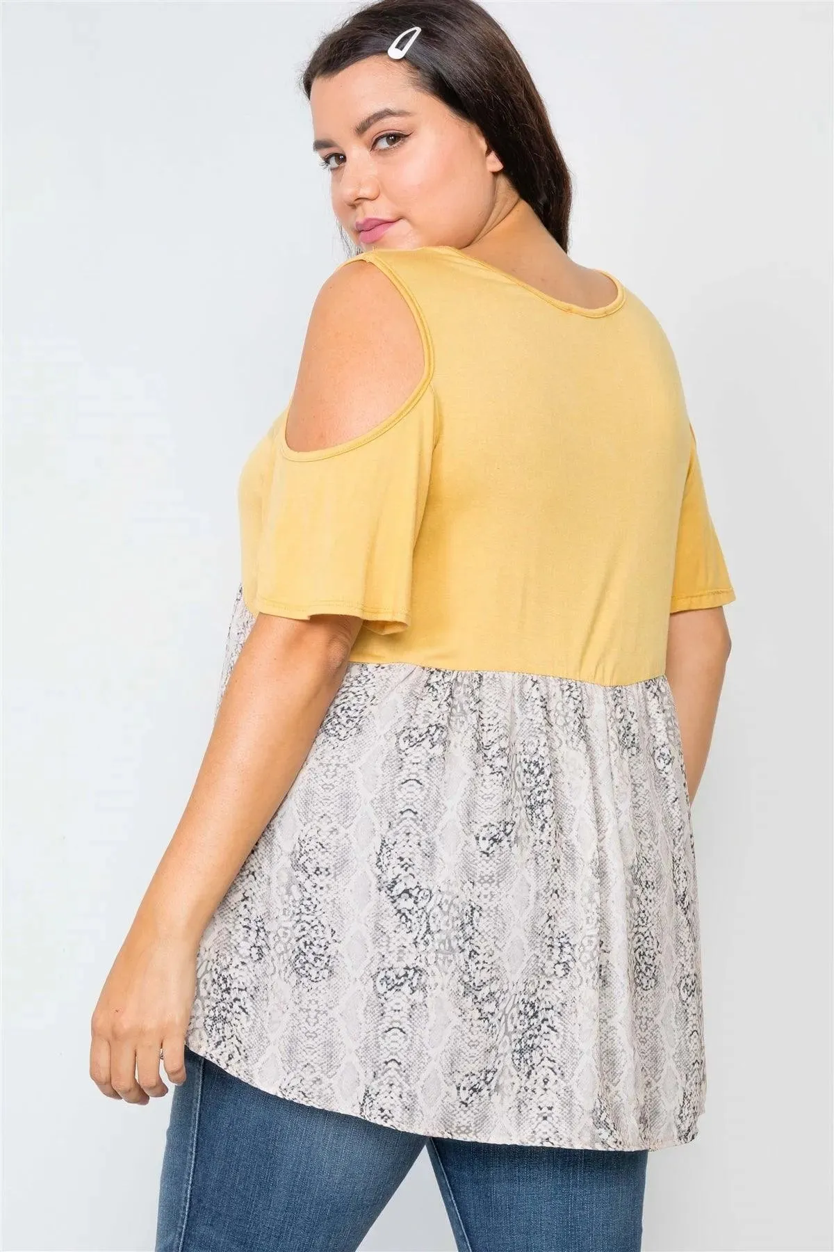 Plus Size Mustard Combo Cold Shoulder Top /2-2-2