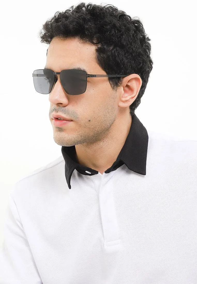Polarized Stainless Frame Oversized Rectangular Sunglasses - Black Black