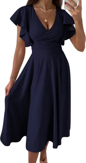 PRETTYGARDEN Summer Midi Dress 2025 Elegant Classy Ruffle Sleeve V Neck Cocktail Wedding Guest Spring Fit and Flared Dresses