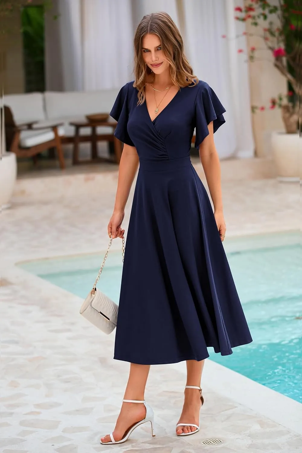 PRETTYGARDEN Summer Midi Dress 2025 Elegant Classy Ruffle Sleeve V Neck Cocktail Wedding Guest Spring Fit and Flared Dresses