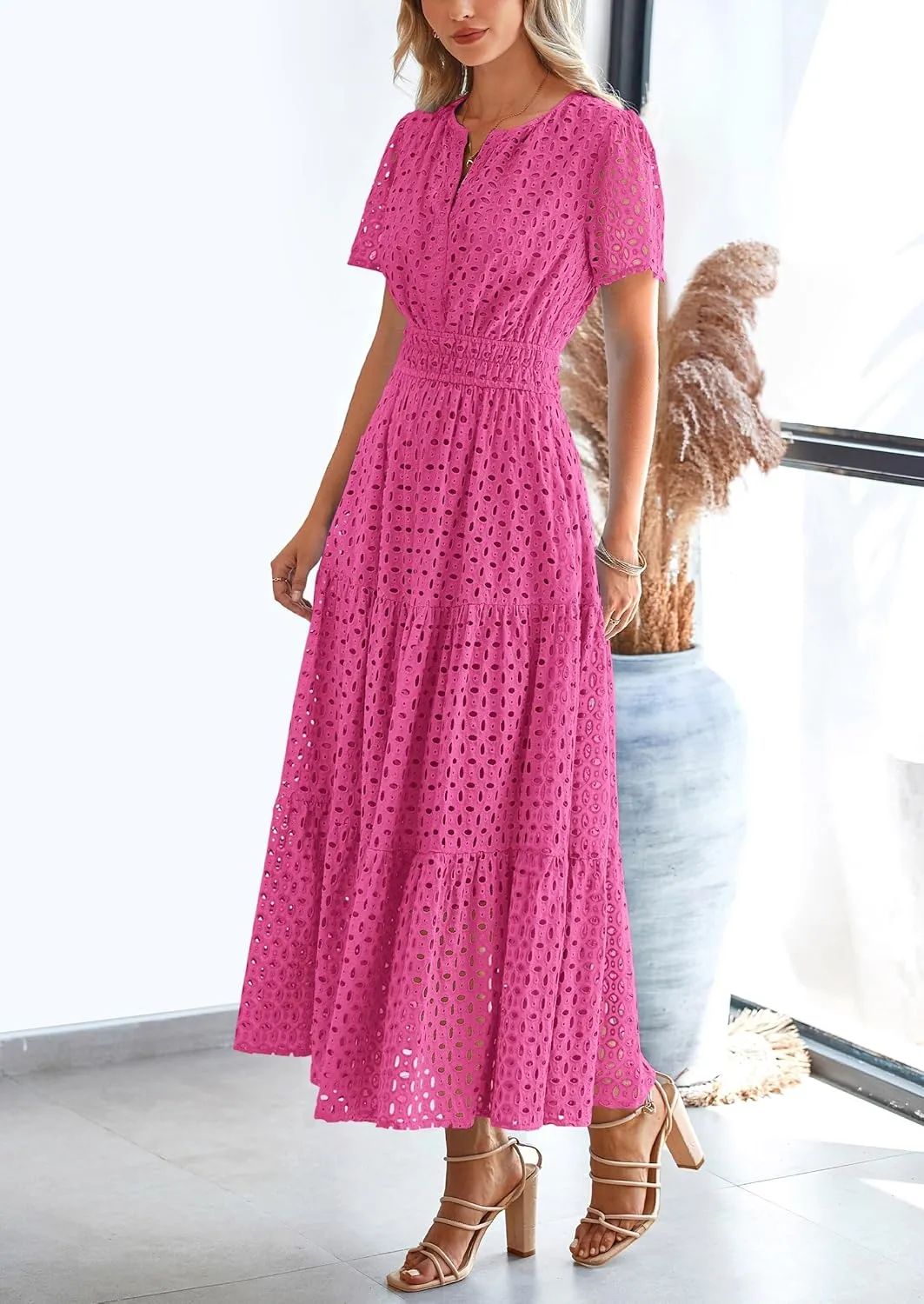 PRETTYGARDEN Womens 2025 Summer Maxi Dress Short Sleeve V Neck Hollow Out Eyelet A Line Long Flowy Beach Vacation Dresses