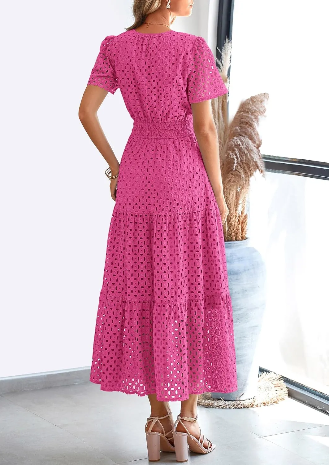 PRETTYGARDEN Womens 2025 Summer Maxi Dress Short Sleeve V Neck Hollow Out Eyelet A Line Long Flowy Beach Vacation Dresses