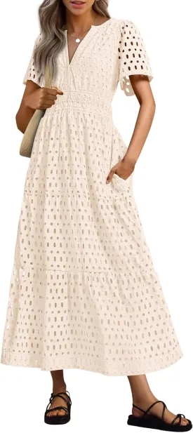 PRETTYGARDEN Womens 2025 Summer Maxi Dress Short Sleeve V Neck Hollow Out Eyelet A Line Long Flowy Beach Vacation Dresses