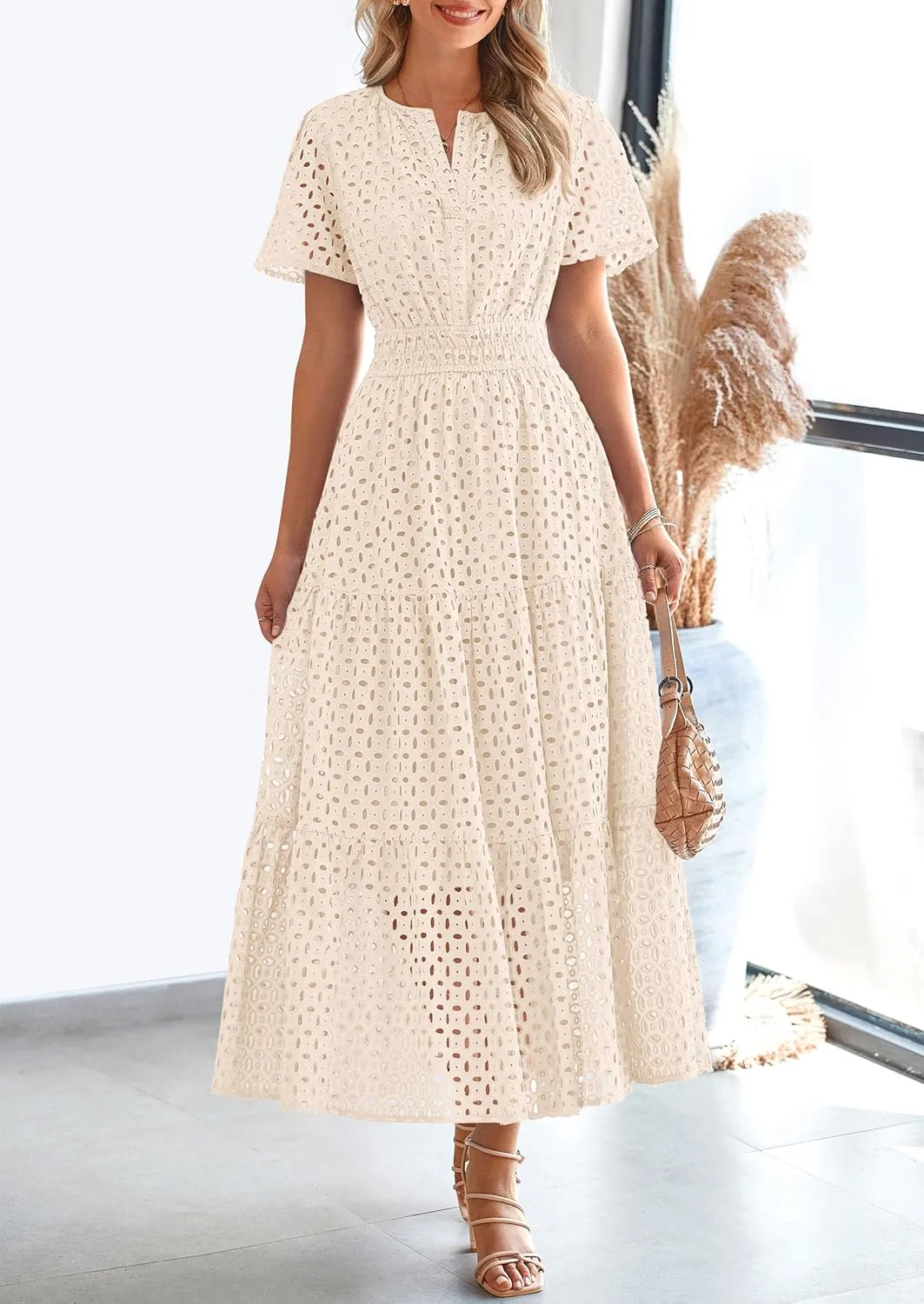 PRETTYGARDEN Womens 2025 Summer Maxi Dress Short Sleeve V Neck Hollow Out Eyelet A Line Long Flowy Beach Vacation Dresses