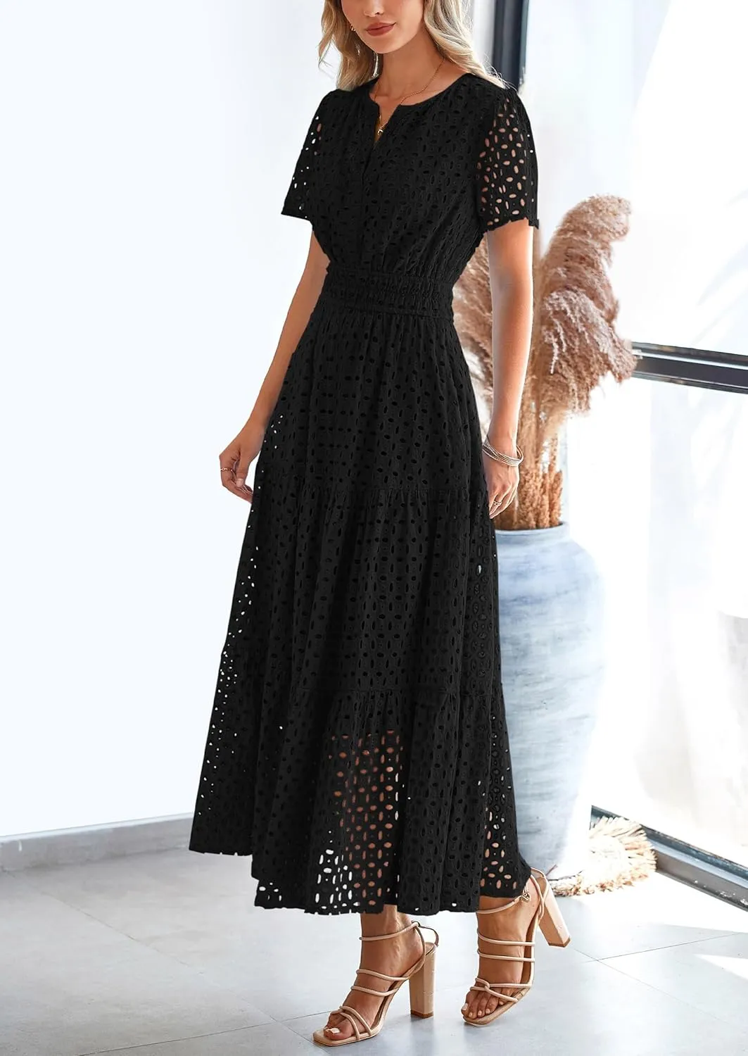PRETTYGARDEN Womens 2025 Summer Maxi Dress Short Sleeve V Neck Hollow Out Eyelet A Line Long Flowy Beach Vacation Dresses