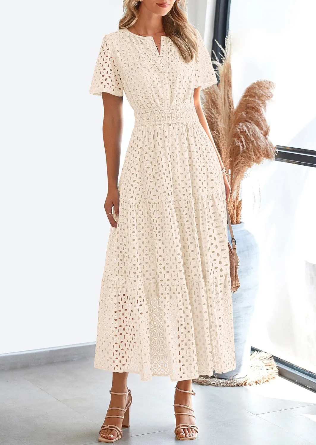 PRETTYGARDEN Womens 2025 Summer Maxi Dress Short Sleeve V Neck Hollow Out Eyelet A Line Long Flowy Beach Vacation Dresses