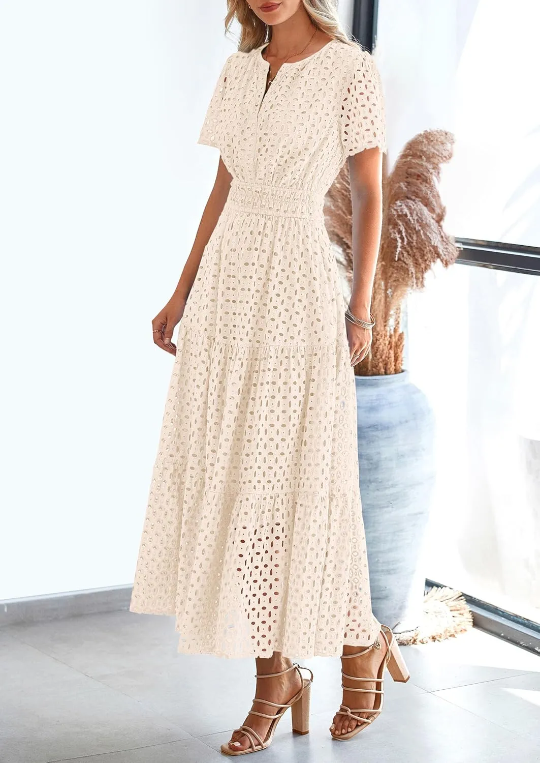 PRETTYGARDEN Womens 2025 Summer Maxi Dress Short Sleeve V Neck Hollow Out Eyelet A Line Long Flowy Beach Vacation Dresses
