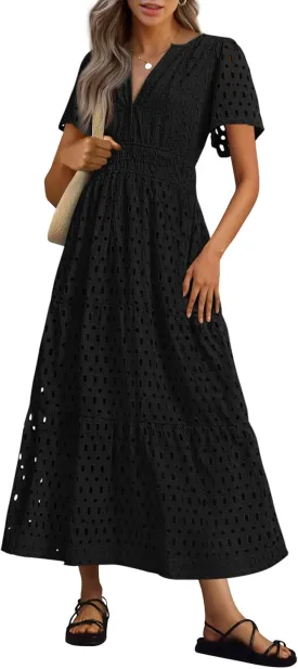 PRETTYGARDEN Womens 2025 Summer Maxi Dress Short Sleeve V Neck Hollow Out Eyelet A Line Long Flowy Beach Vacation Dresses