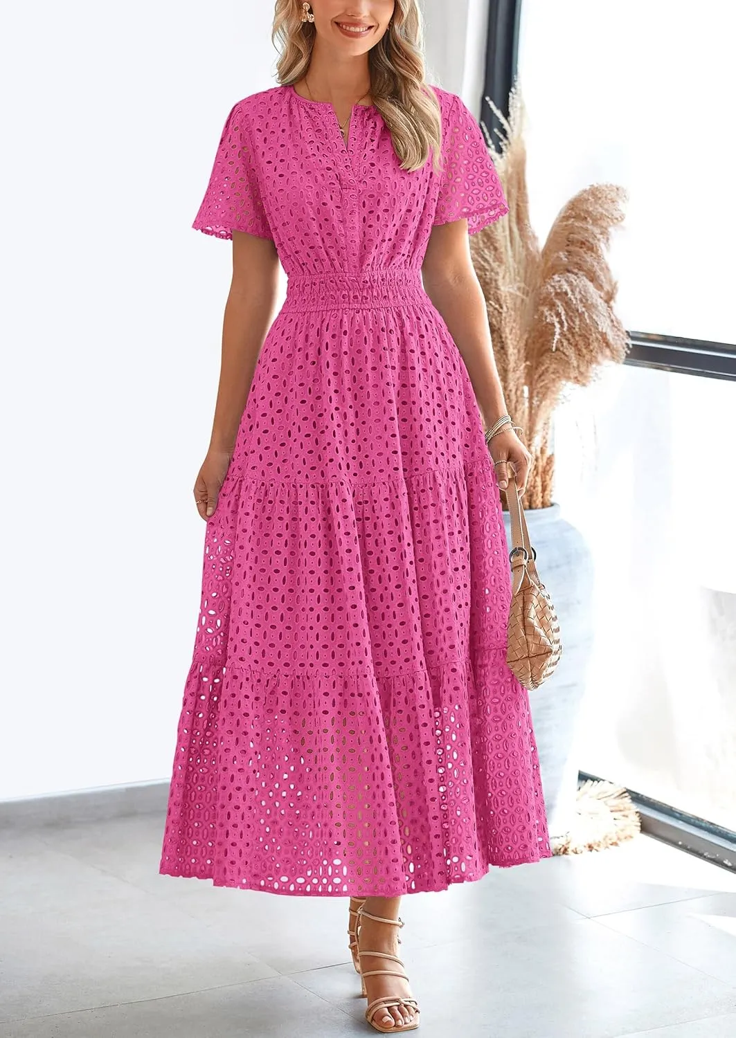 PRETTYGARDEN Womens 2025 Summer Maxi Dress Short Sleeve V Neck Hollow Out Eyelet A Line Long Flowy Beach Vacation Dresses