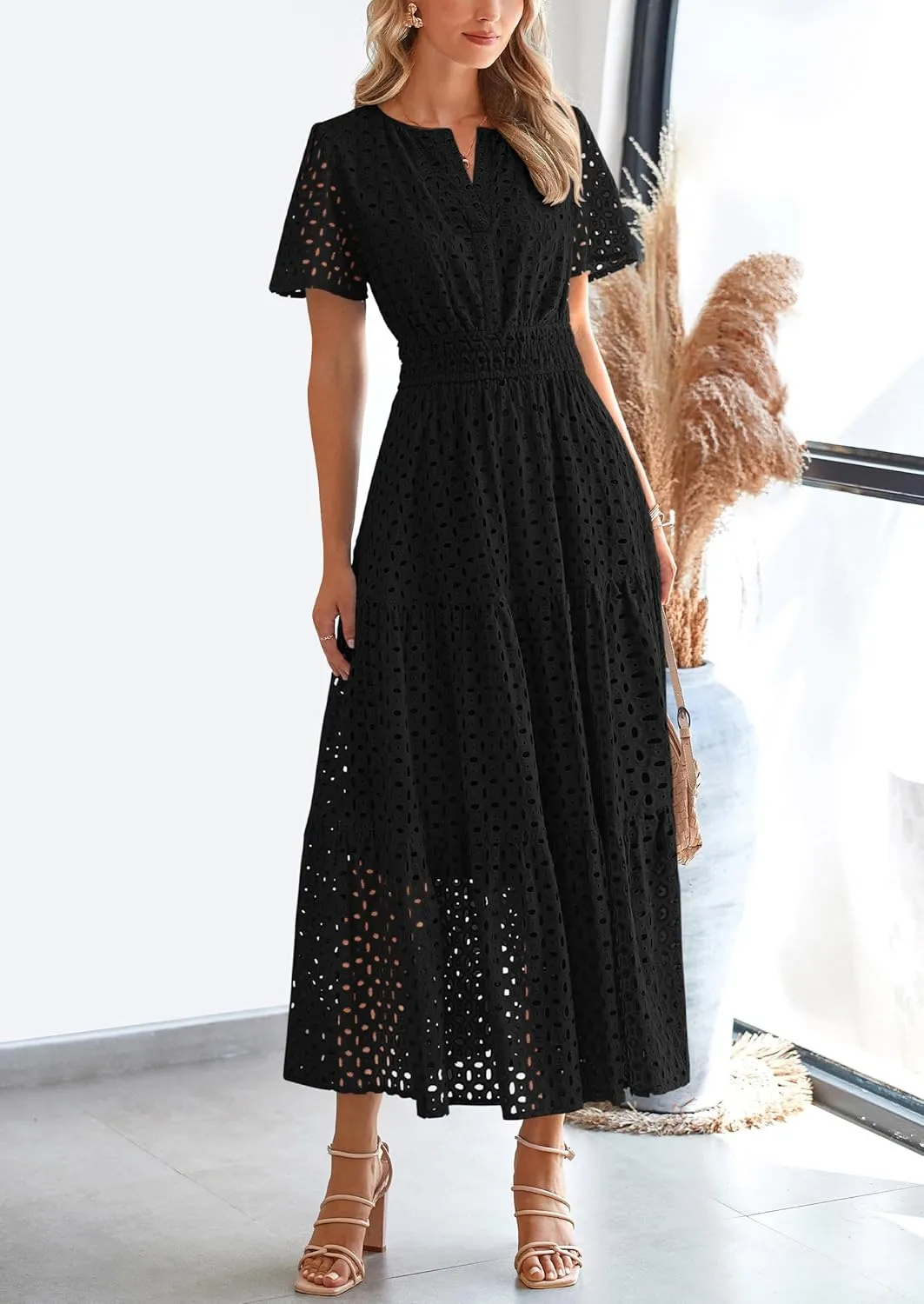 PRETTYGARDEN Womens 2025 Summer Maxi Dress Short Sleeve V Neck Hollow Out Eyelet A Line Long Flowy Beach Vacation Dresses