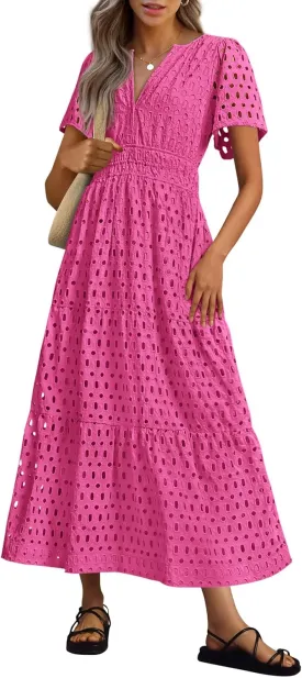 PRETTYGARDEN Womens 2025 Summer Maxi Dress Short Sleeve V Neck Hollow Out Eyelet A Line Long Flowy Beach Vacation Dresses