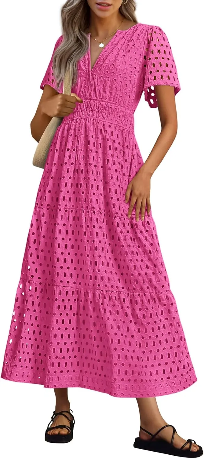 PRETTYGARDEN Womens 2025 Summer Maxi Dress Short Sleeve V Neck Hollow Out Eyelet A Line Long Flowy Beach Vacation Dresses