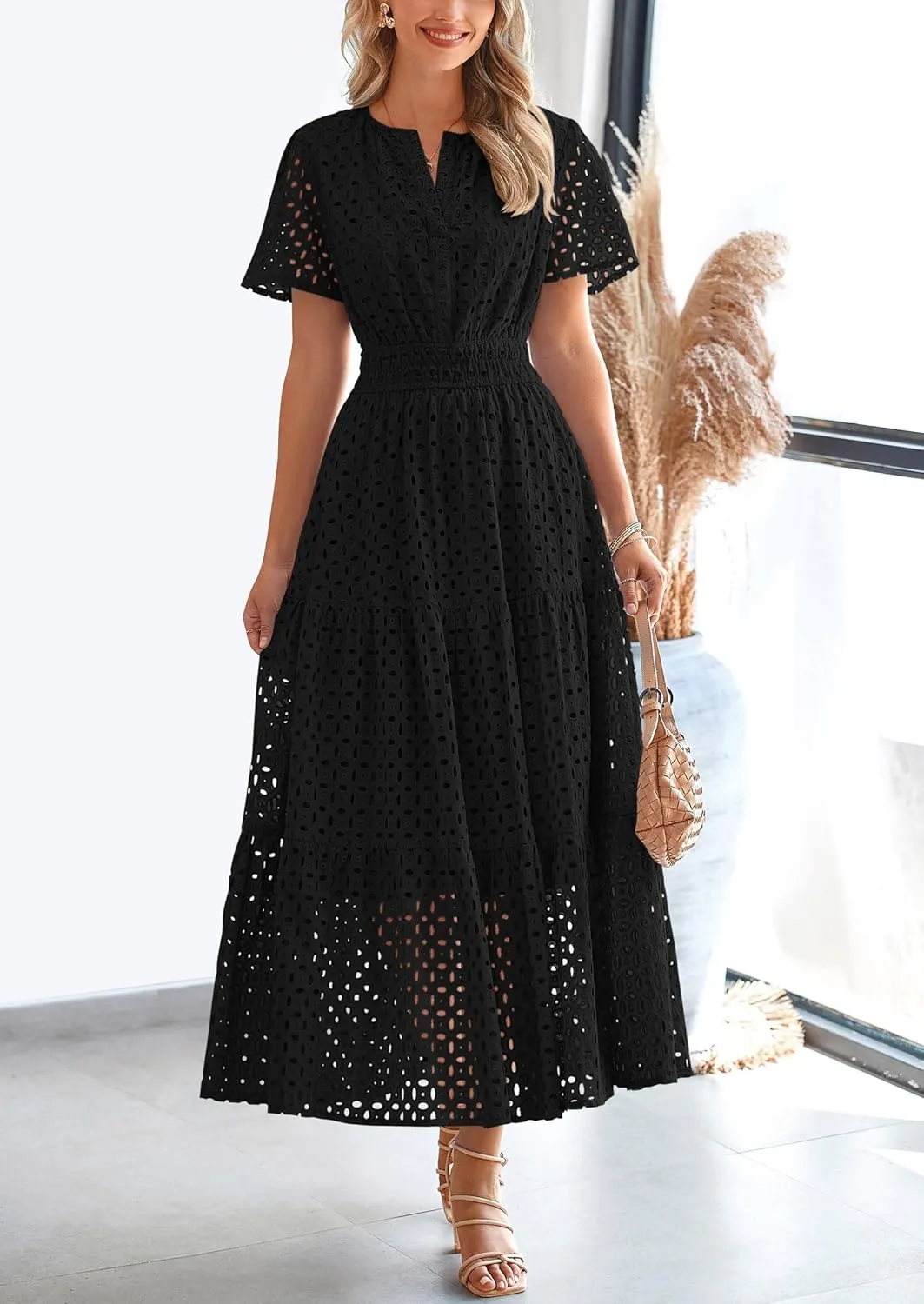 PRETTYGARDEN Womens 2025 Summer Maxi Dress Short Sleeve V Neck Hollow Out Eyelet A Line Long Flowy Beach Vacation Dresses