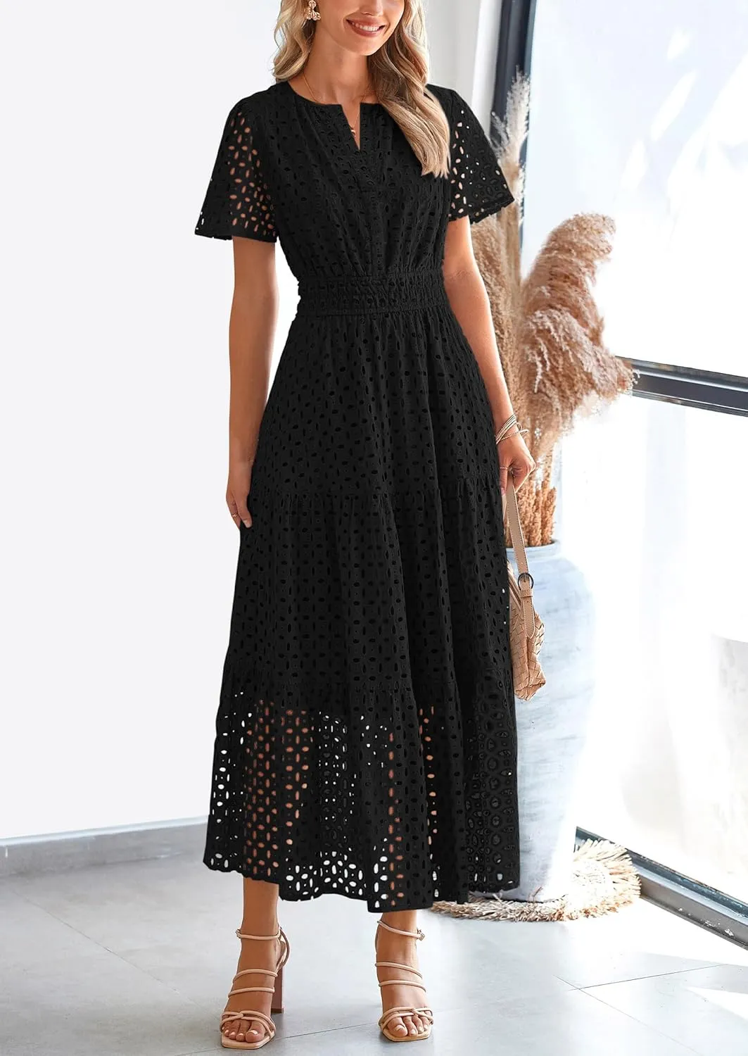 PRETTYGARDEN Womens 2025 Summer Maxi Dress Short Sleeve V Neck Hollow Out Eyelet A Line Long Flowy Beach Vacation Dresses
