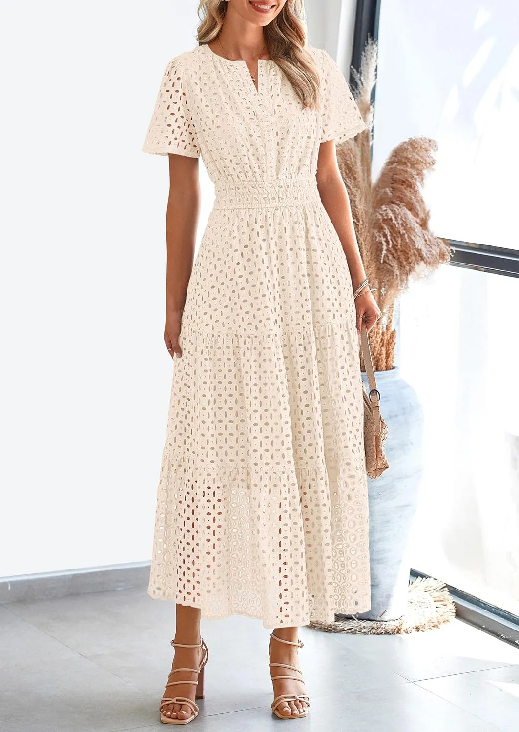 PRETTYGARDEN Womens 2025 Summer Maxi Dress Short Sleeve V Neck Hollow Out Eyelet A Line Long Flowy Beach Vacation Dresses