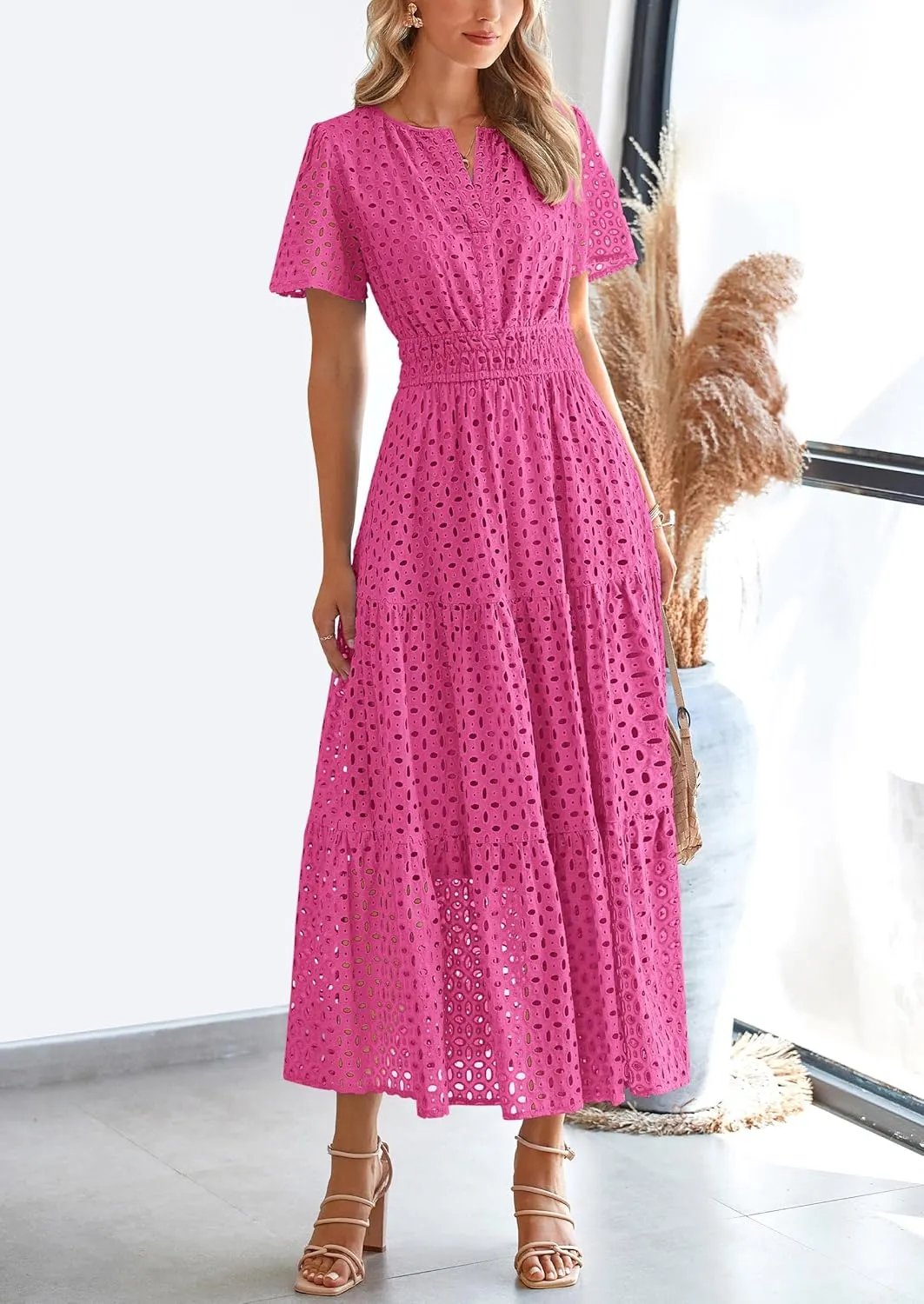 PRETTYGARDEN Womens 2025 Summer Maxi Dress Short Sleeve V Neck Hollow Out Eyelet A Line Long Flowy Beach Vacation Dresses