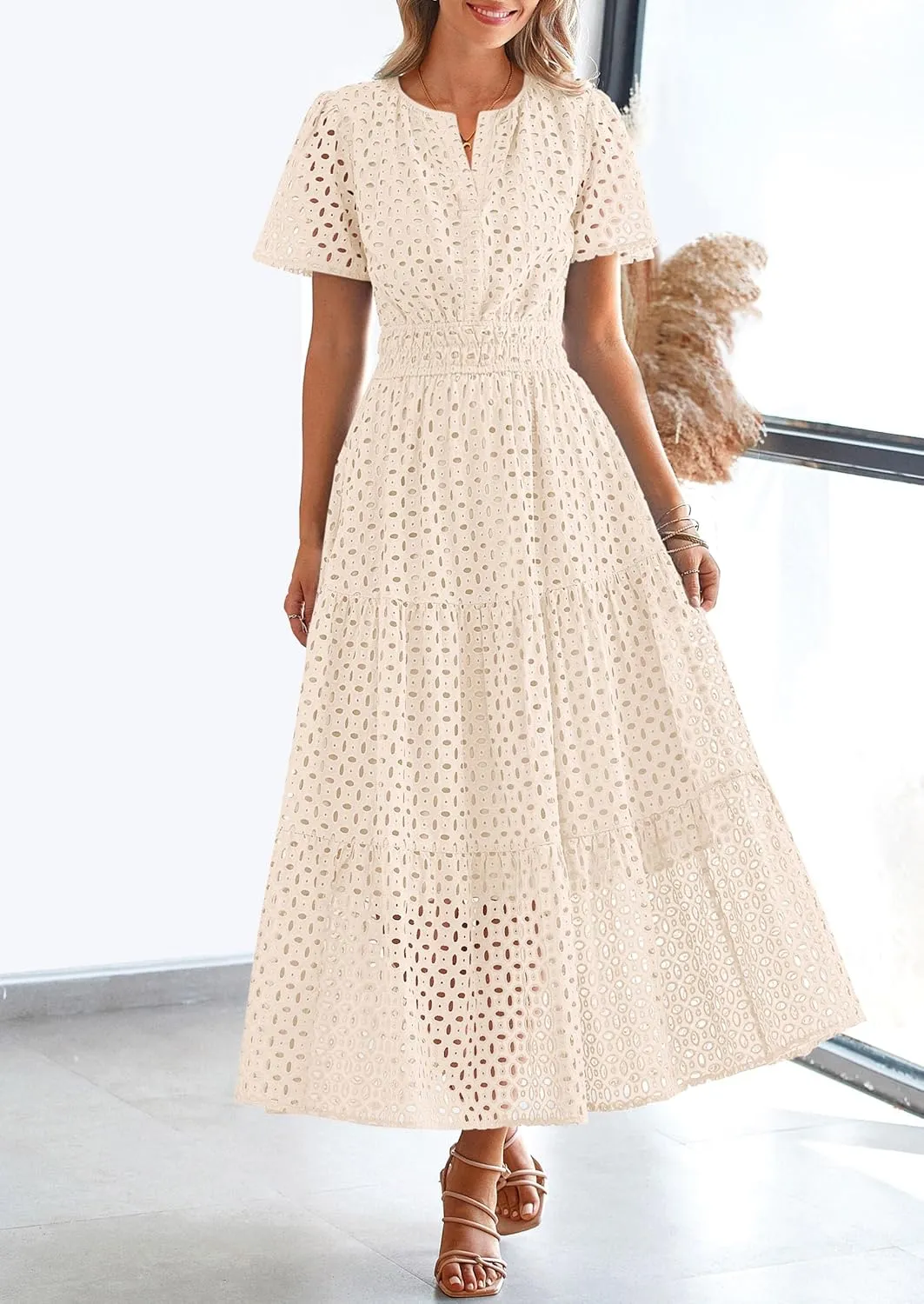 PRETTYGARDEN Womens 2025 Summer Maxi Dress Short Sleeve V Neck Hollow Out Eyelet A Line Long Flowy Beach Vacation Dresses
