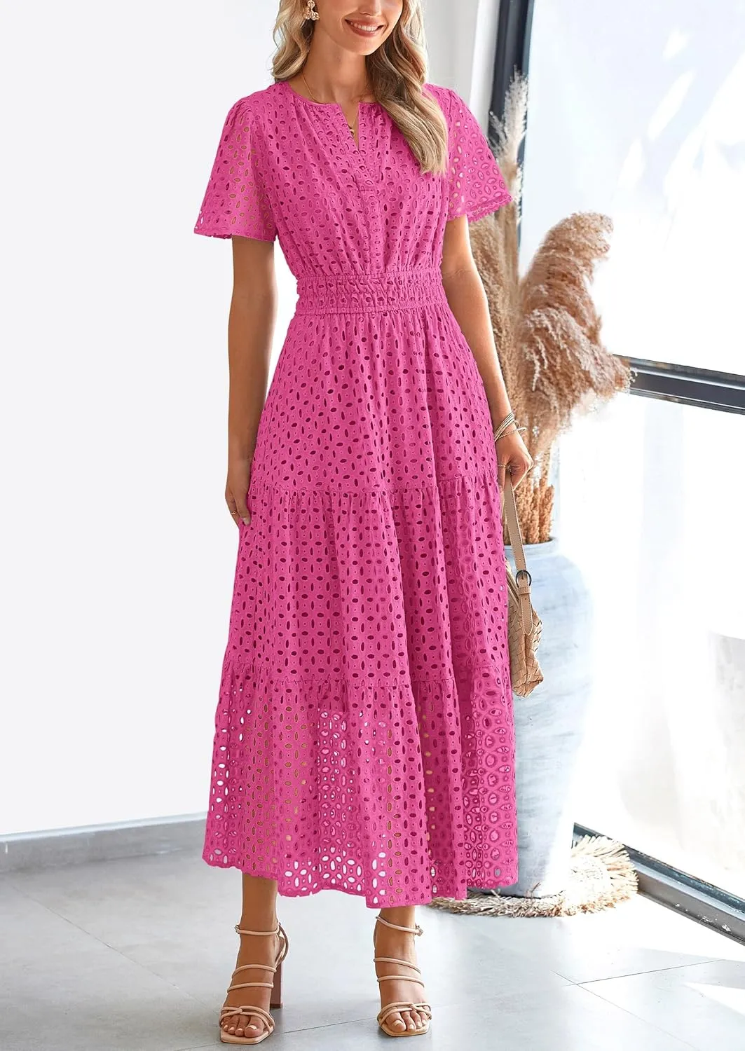 PRETTYGARDEN Womens 2025 Summer Maxi Dress Short Sleeve V Neck Hollow Out Eyelet A Line Long Flowy Beach Vacation Dresses