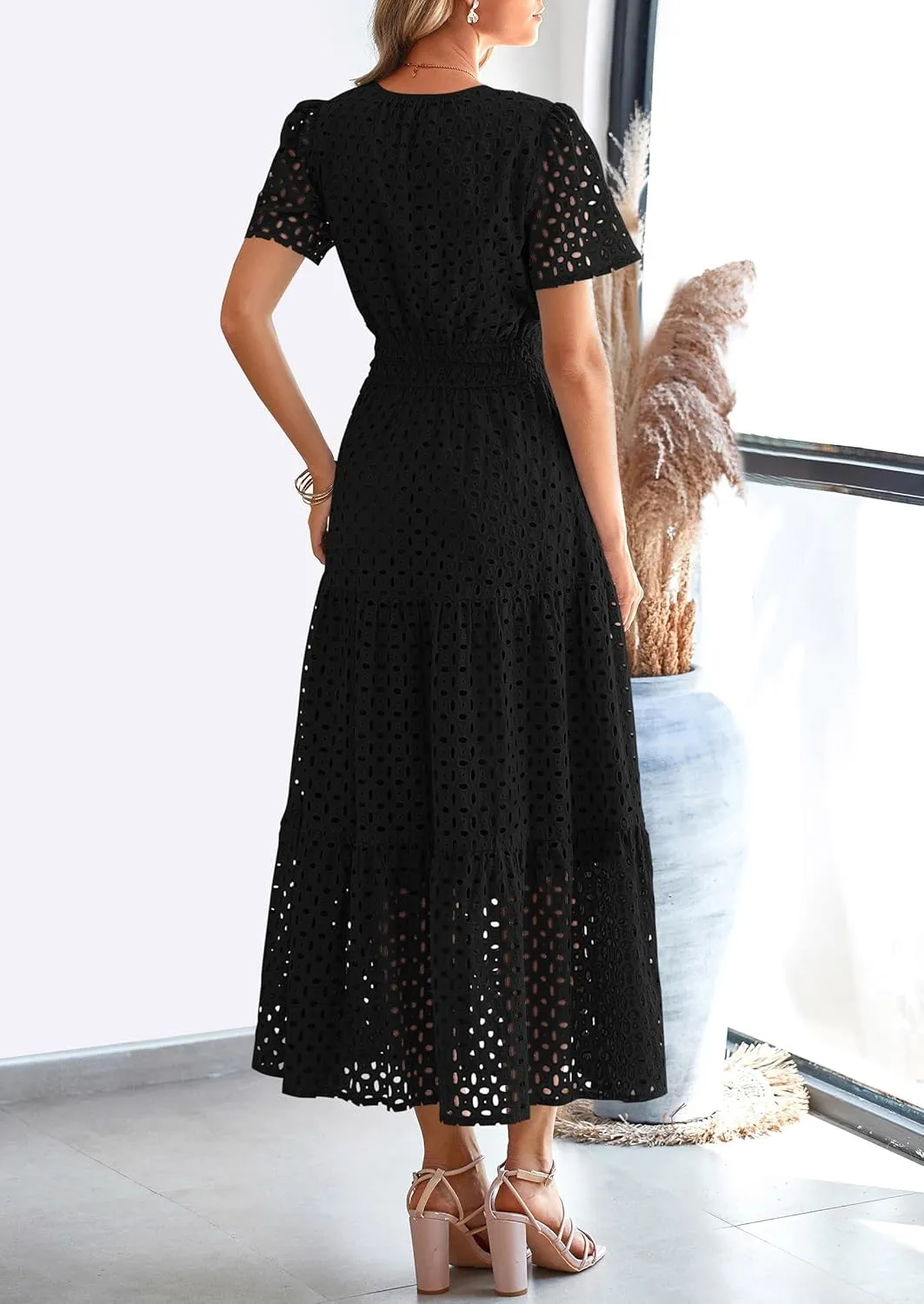 PRETTYGARDEN Womens 2025 Summer Maxi Dress Short Sleeve V Neck Hollow Out Eyelet A Line Long Flowy Beach Vacation Dresses
