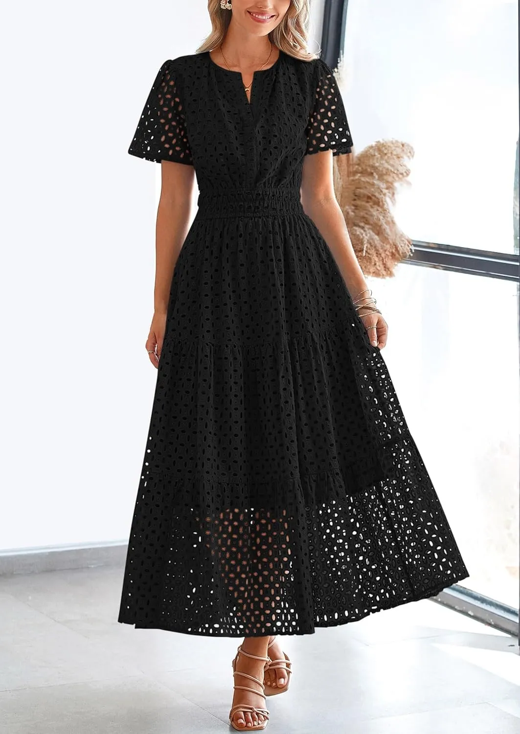 PRETTYGARDEN Womens 2025 Summer Maxi Dress Short Sleeve V Neck Hollow Out Eyelet A Line Long Flowy Beach Vacation Dresses