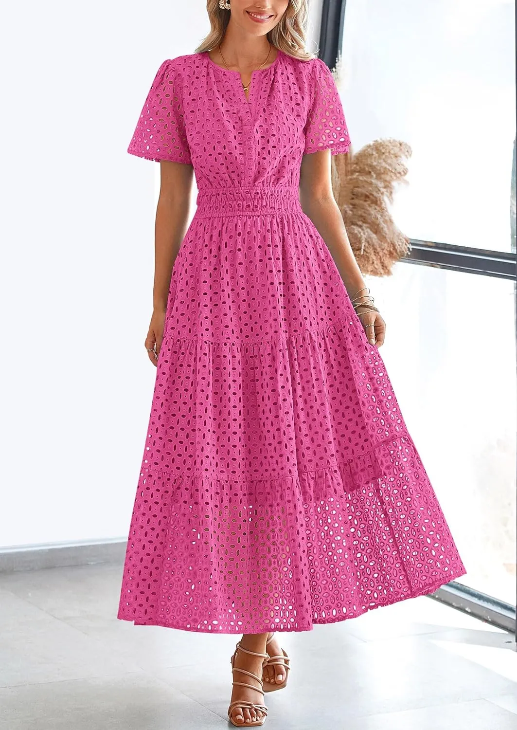 PRETTYGARDEN Womens 2025 Summer Maxi Dress Short Sleeve V Neck Hollow Out Eyelet A Line Long Flowy Beach Vacation Dresses