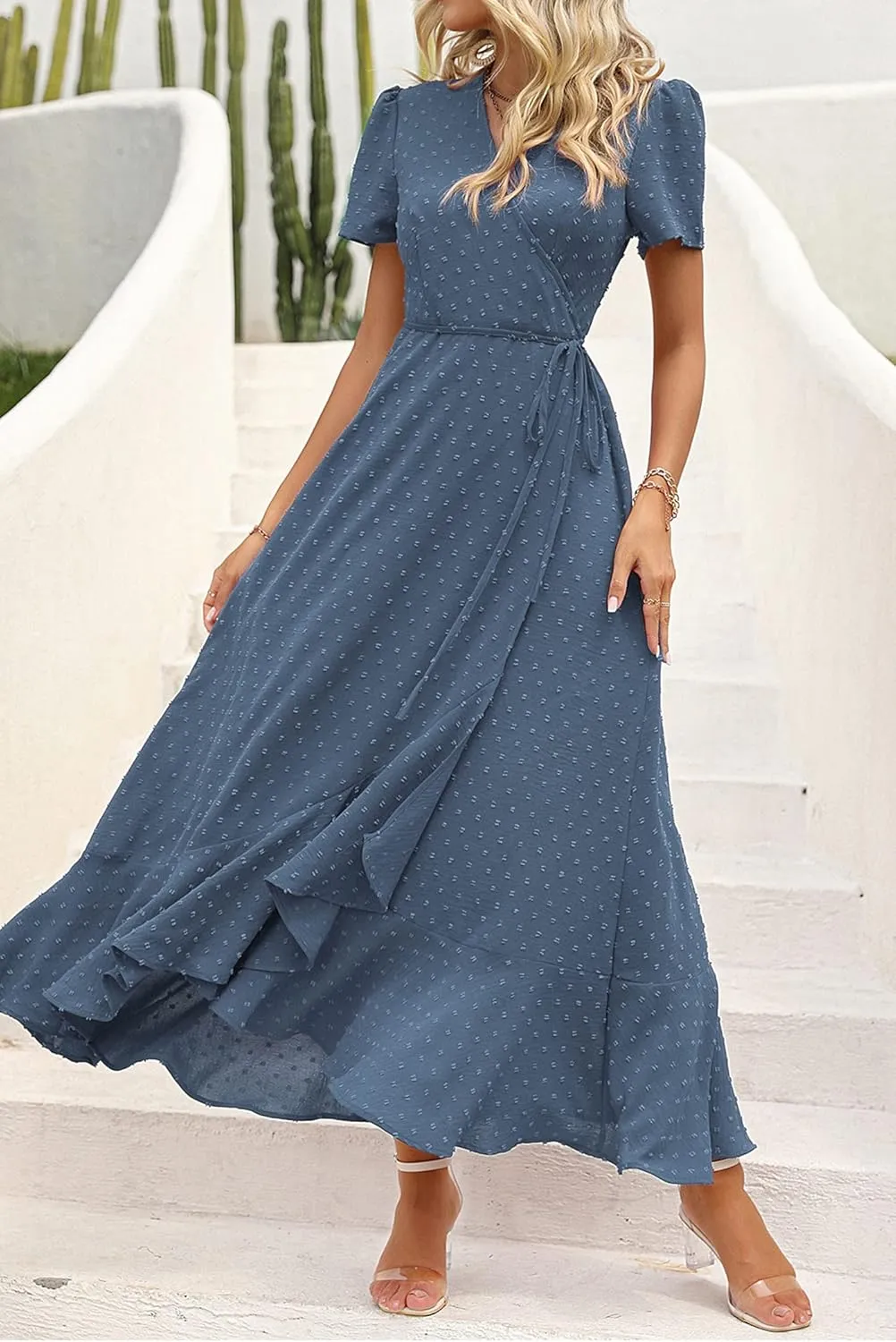PRETTYGARDEN Women's Summer Maxi Dress Casual Wrap Floral Boho Short Sleeve V Neck Split Ruffle Beach Long Dresses