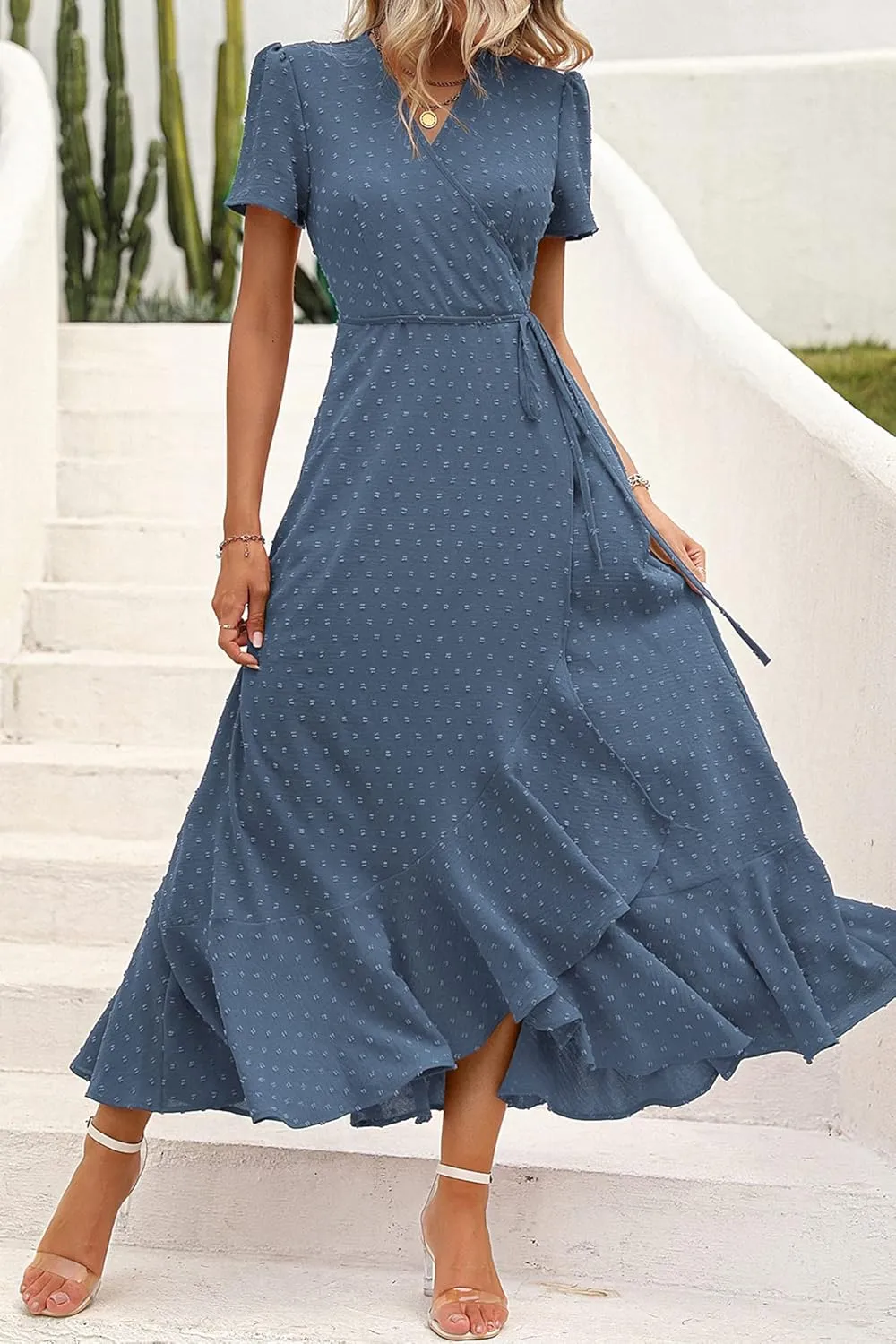 PRETTYGARDEN Women's Summer Maxi Dress Casual Wrap Floral Boho Short Sleeve V Neck Split Ruffle Beach Long Dresses