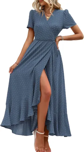 PRETTYGARDEN Women's Summer Maxi Dress Casual Wrap Floral Boho Short Sleeve V Neck Split Ruffle Beach Long Dresses