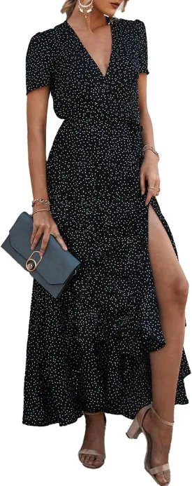 PRETTYGARDEN Women's Summer Maxi Dress Casual Wrap Floral Boho Short Sleeve V Neck Split Ruffle Beach Long Dresses