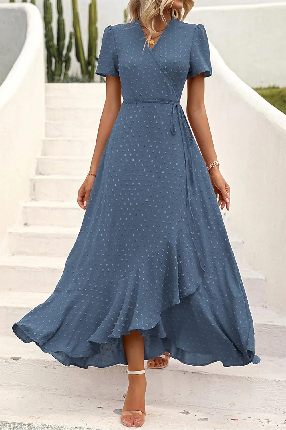 PRETTYGARDEN Women's Summer Maxi Dress Casual Wrap Floral Boho Short Sleeve V Neck Split Ruffle Beach Long Dresses