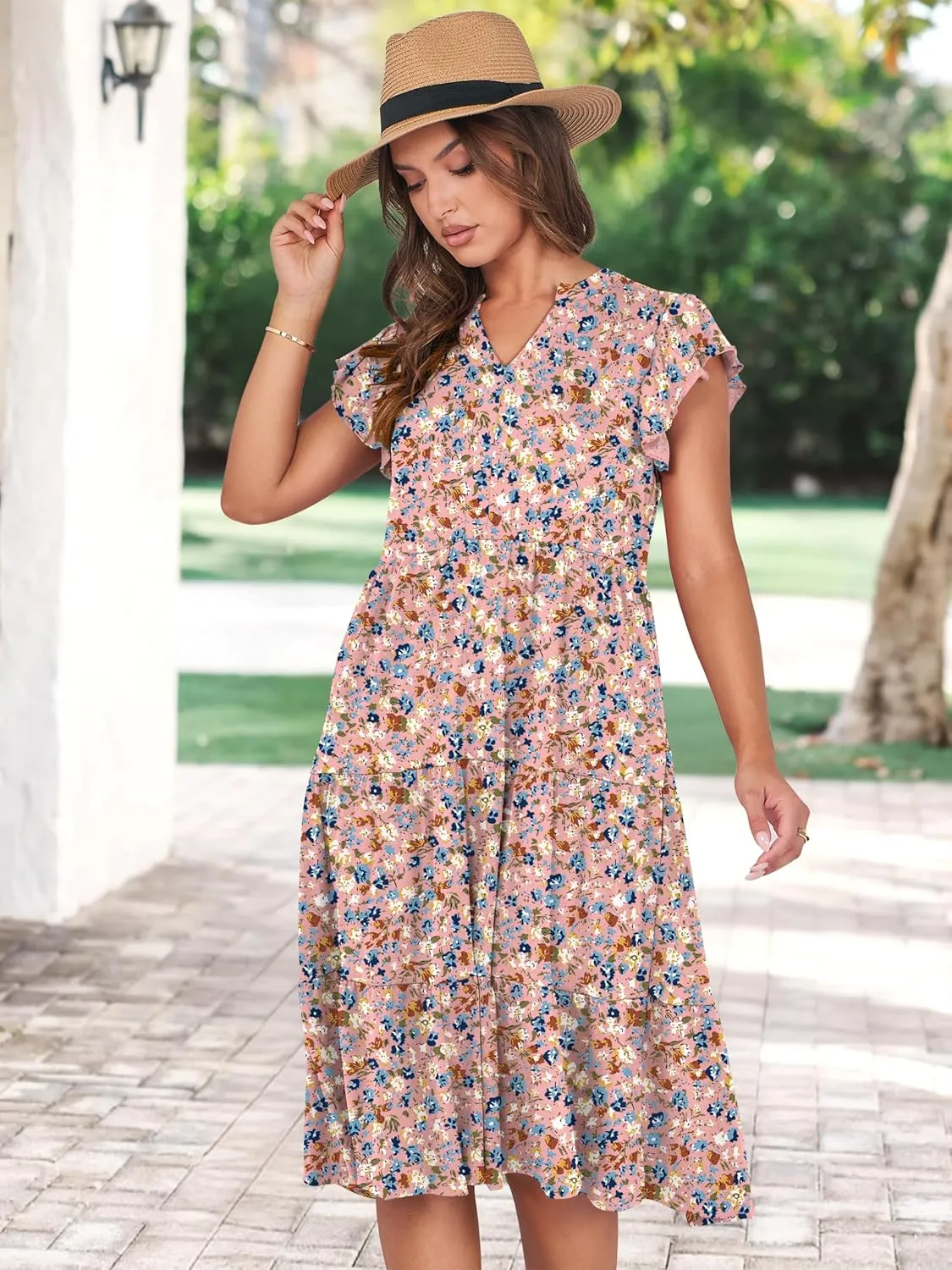 Prinbara Womens Summer Floral Midi Dresses Ruffle Sleeve V Neck 2025 Spring Casual Flowy Tiered A-Line Sundress with Pockets