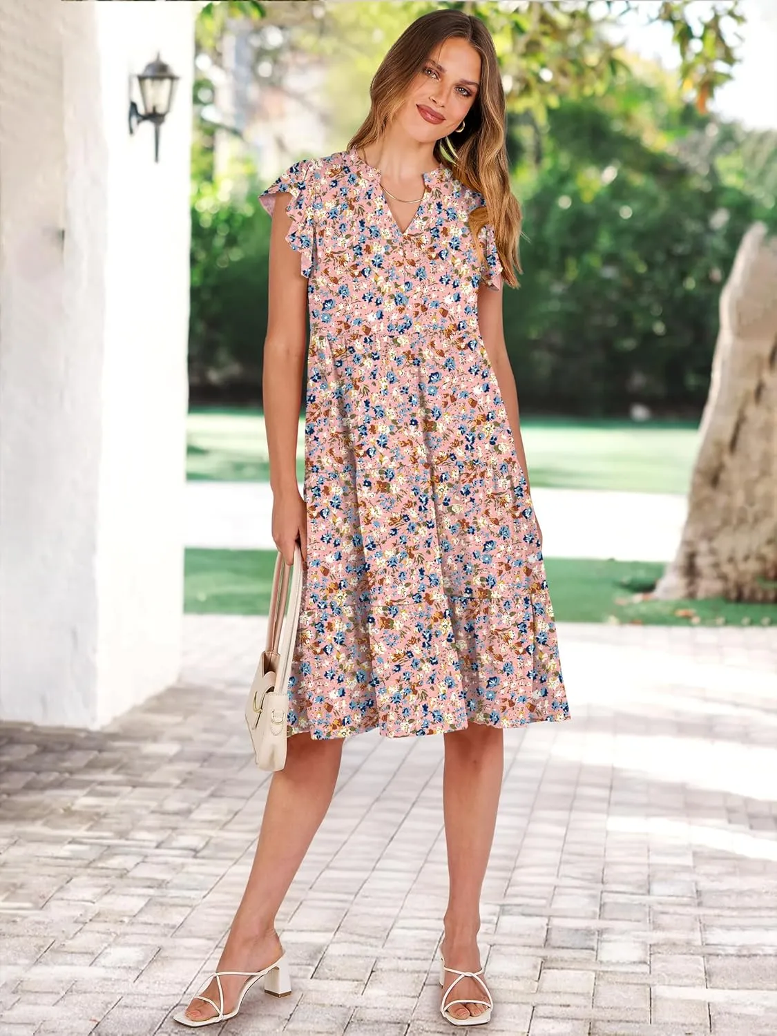 Prinbara Womens Summer Floral Midi Dresses Ruffle Sleeve V Neck 2025 Spring Casual Flowy Tiered A-Line Sundress with Pockets
