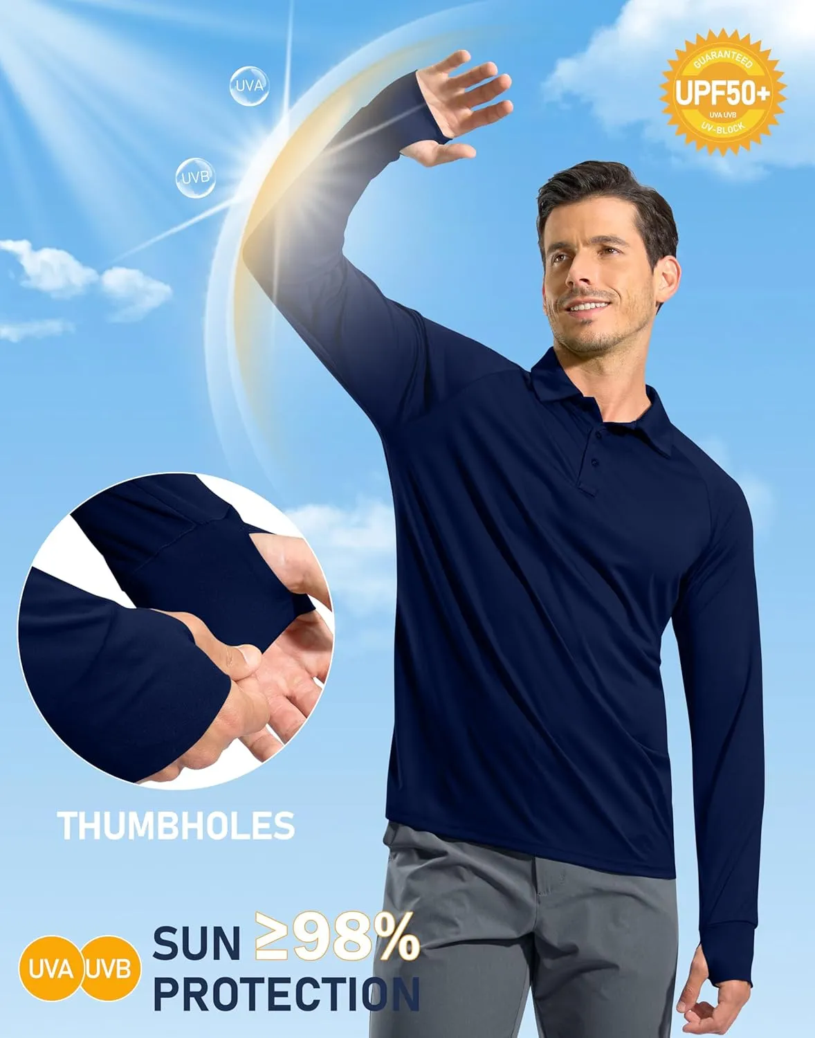 Pudolla Men's Long Sleeve Golf Polo Shirt UPF 50  Lightweight Sun Protection Cool Shirts for Men Work Fishing Hiking