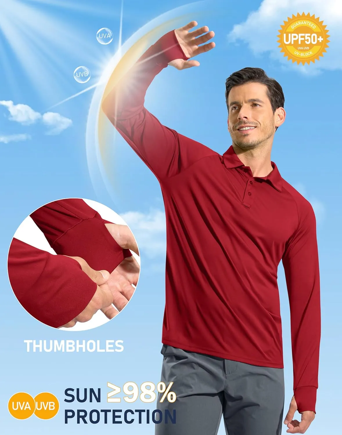 Pudolla Men's Long Sleeve Golf Polo Shirt UPF 50  Lightweight Sun Protection Cool Shirts for Men Work Fishing Hiking