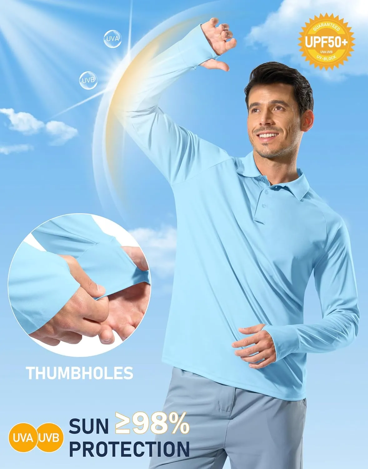 Pudolla Men's Long Sleeve Golf Polo Shirt UPF 50  Lightweight Sun Protection Cool Shirts for Men Work Fishing Hiking