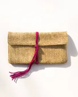 Raffia Flap Clutch - Fuchsia