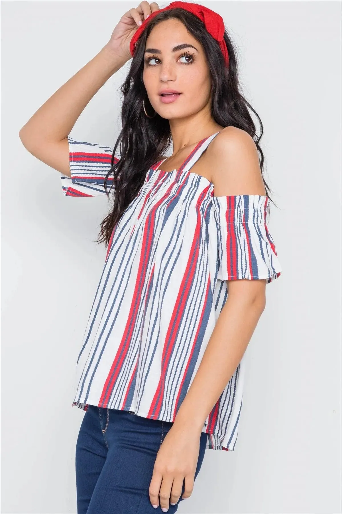 Red Navy Stripe Button Down Cold Shoulder Top /3-2-1