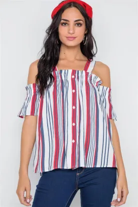 Red Navy Stripe Button Down Cold Shoulder Top /3-2-1