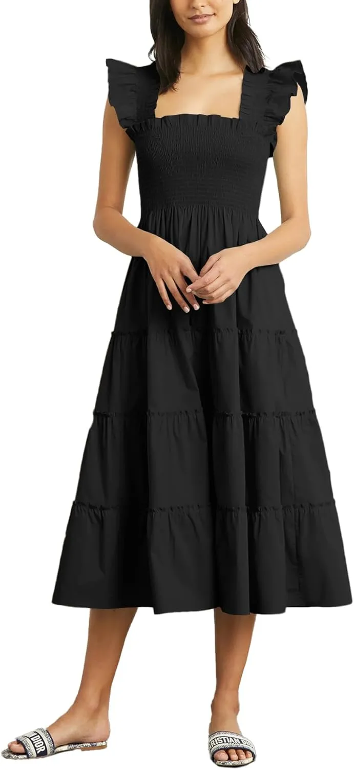 Rooscier Women's Square Neck Smocked Ruffle Sleeveless Sundress Tiered A Line Midi Dress