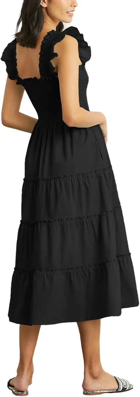 Rooscier Women's Square Neck Smocked Ruffle Sleeveless Sundress Tiered A Line Midi Dress