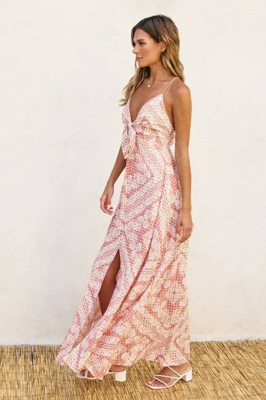 Roselyn Sleeveless Back Tie Paisley Scarf Print Maxi Dress Pink