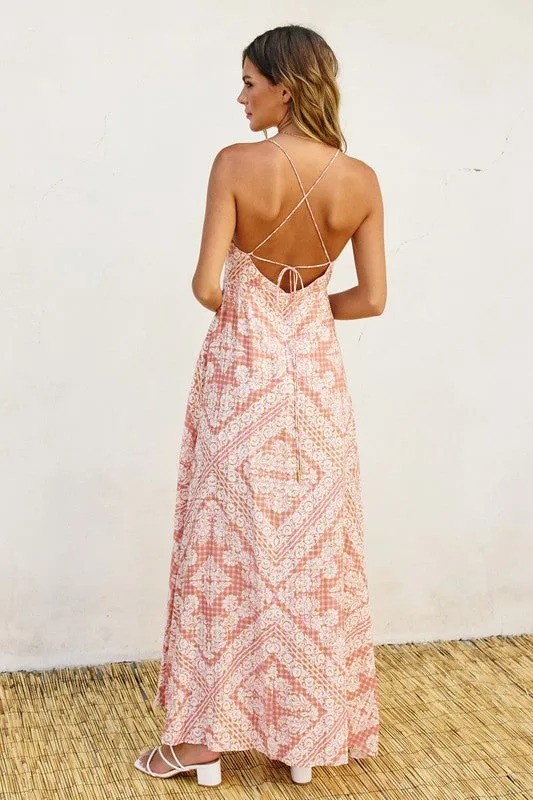 Roselyn Sleeveless Back Tie Paisley Scarf Print Maxi Dress Pink