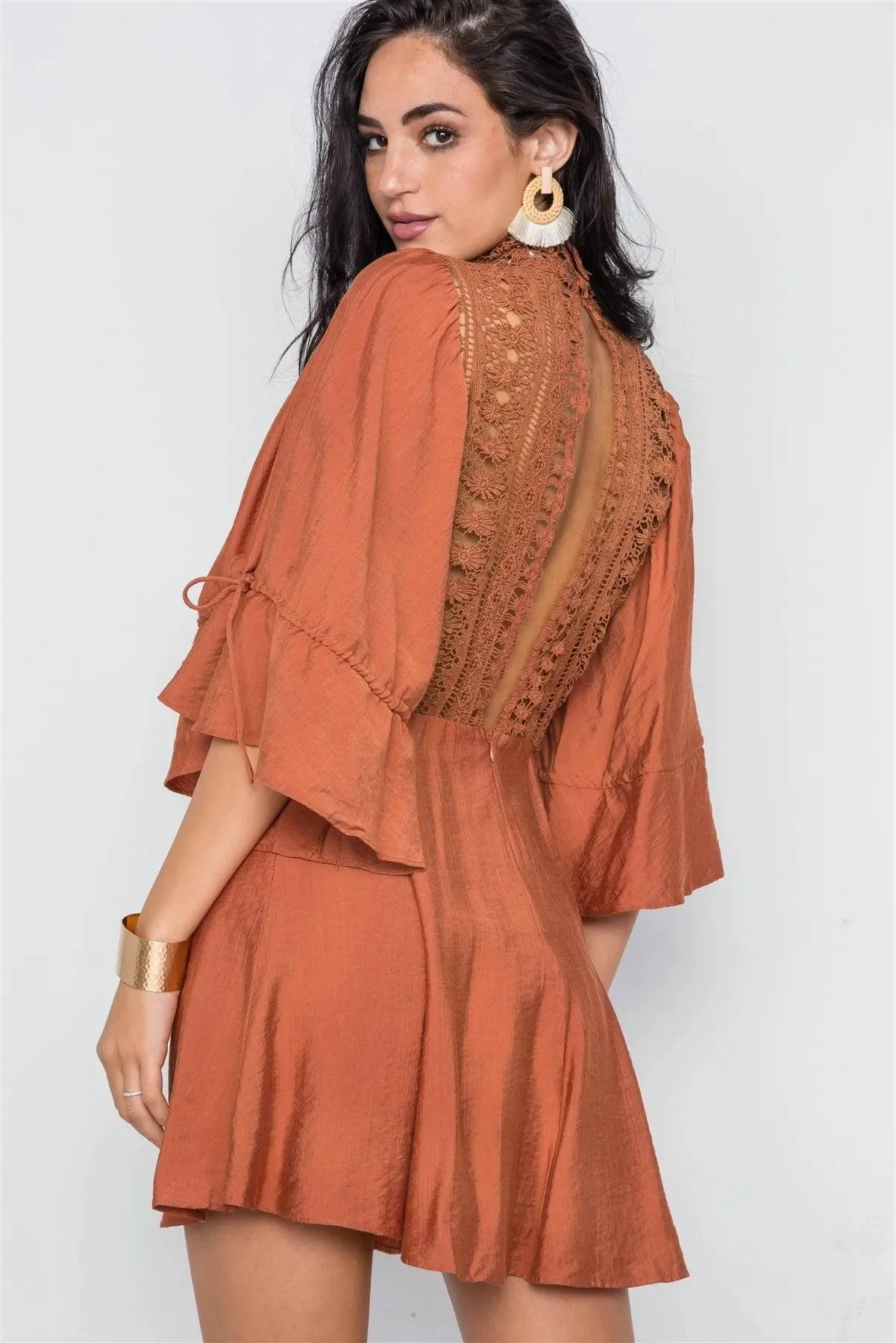 Rust Bell Sleeve Crochet Mock-Neck Mini Dress /3-2-1