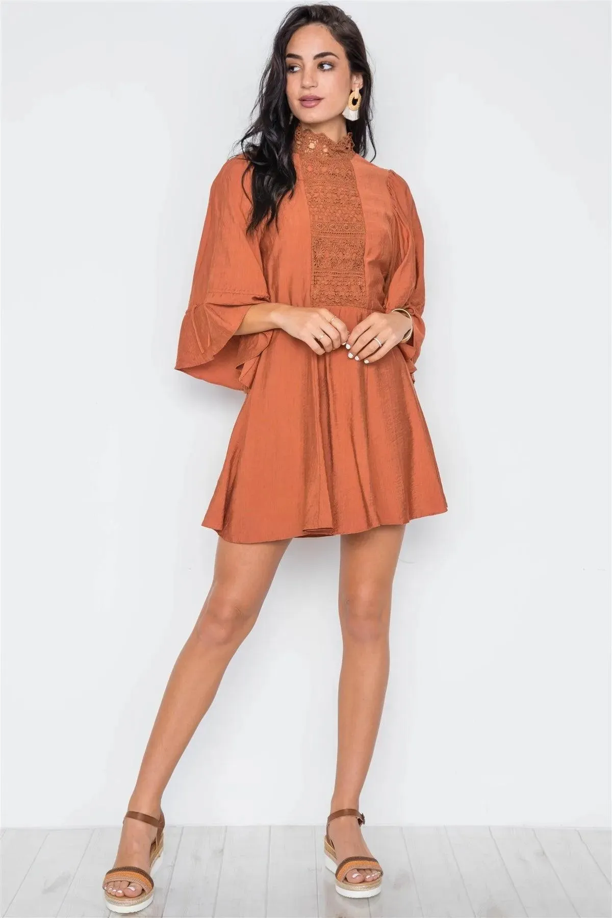 Rust Bell Sleeve Crochet Mock-Neck Mini Dress /3-2-1