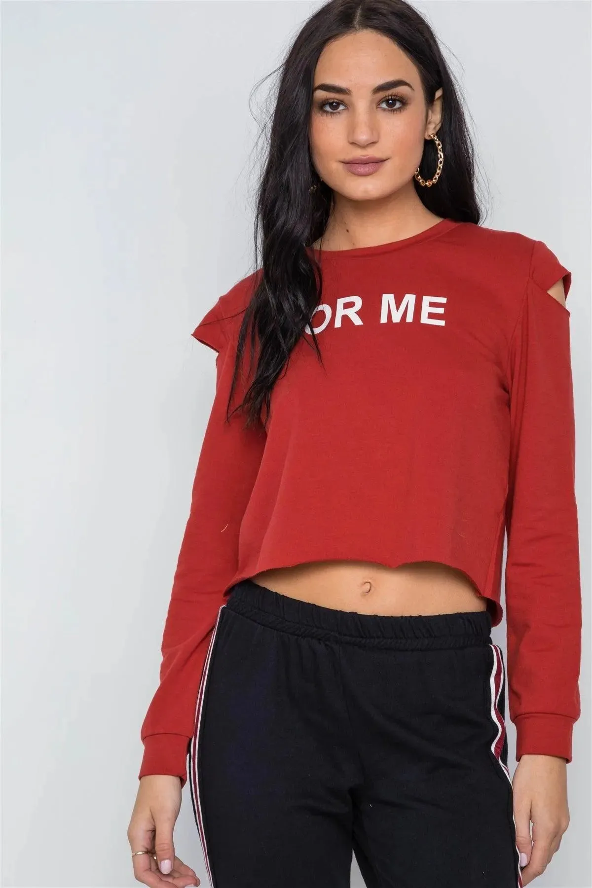 Rust Cold Shoulder Long Sleeve Graphic Top /2-1