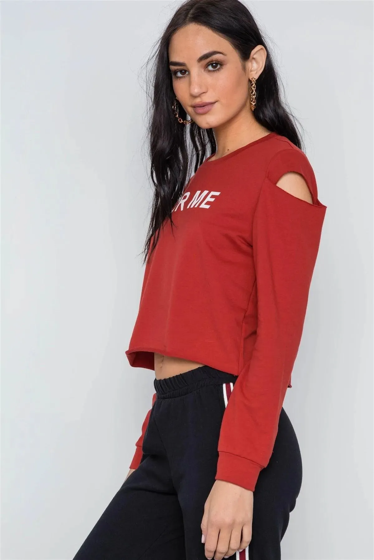 Rust Cold Shoulder Long Sleeve Graphic Top /2-1